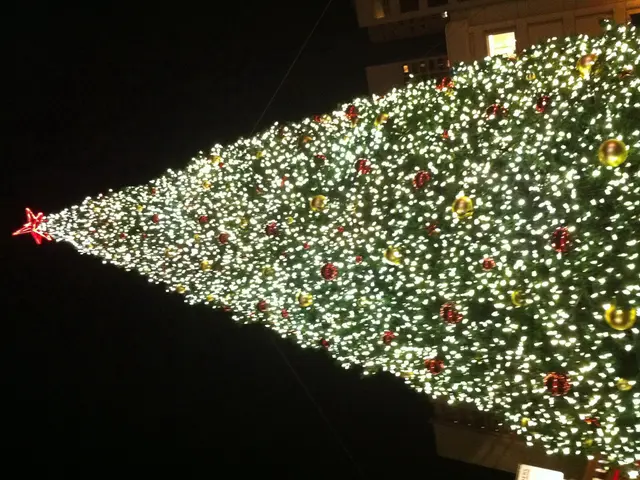In this image we can see a christmas tree which is decorated with lights and balls and on the top...